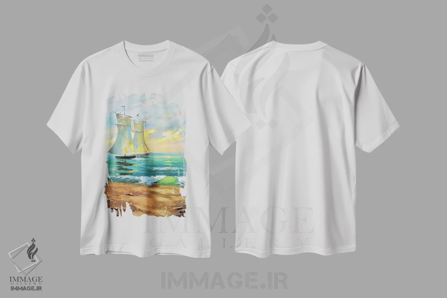 تیشرت سفید طرح دار قایق ها و غروب آفتاب ۲، مدیوم اثر دمیتری اسپیروس | فروشگاه ایماژ