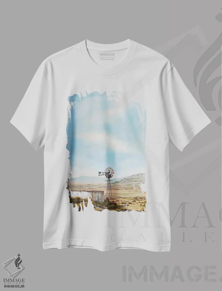 تیشرت سفید طرح دار آسیاب بادی ساحل غربی، هنر فاخر معاصر اثر دانا مک کلار | immage.ir