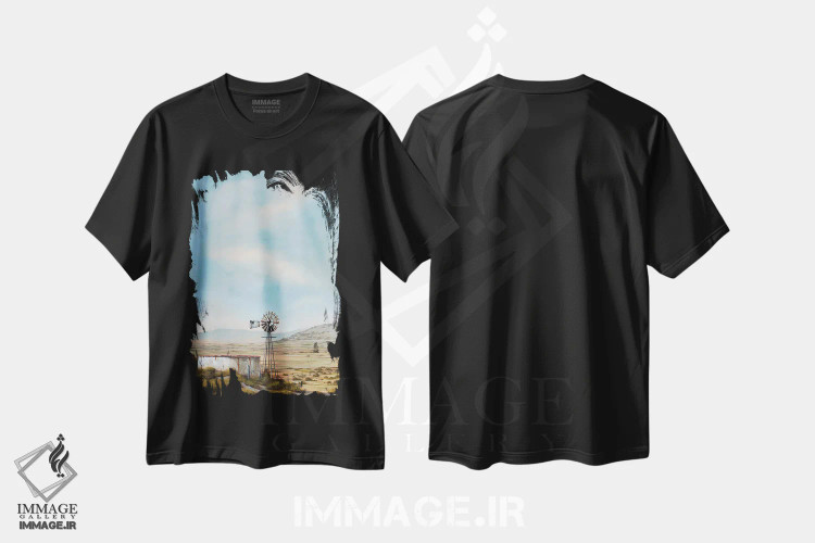 تیشرت مشکی طرح دار آسیاب بادی ساحل غربی، هنر فاخر معاصر اثر دانا مک کلار | فروشگاه ایماژ