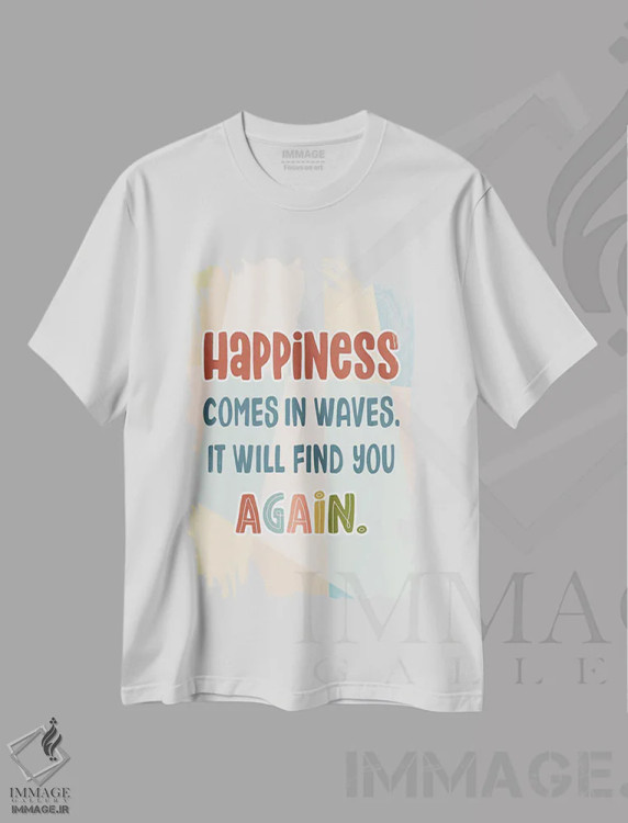تیشرت سفید طرح دار خوشبختی دوباره، تایپوگرافی اثر دلورس ناسکرنت | immage.ir