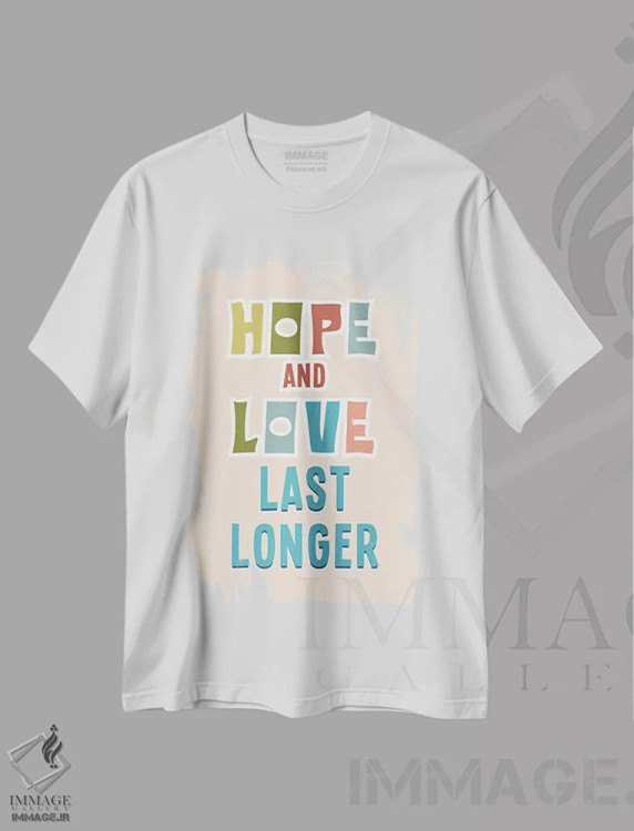 تیشرت سفید طرح دار امید و عشق، تایپوگرافی اثر دلورس ناسکرنت | فروشگاه ایماژ