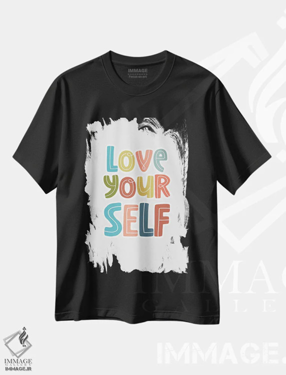 تیشرت مشکی طرح دار خودت را دوست داشته باش، تایپوگرافی اثر دلورس ناسکرنت | فروشگاه ایماژ
