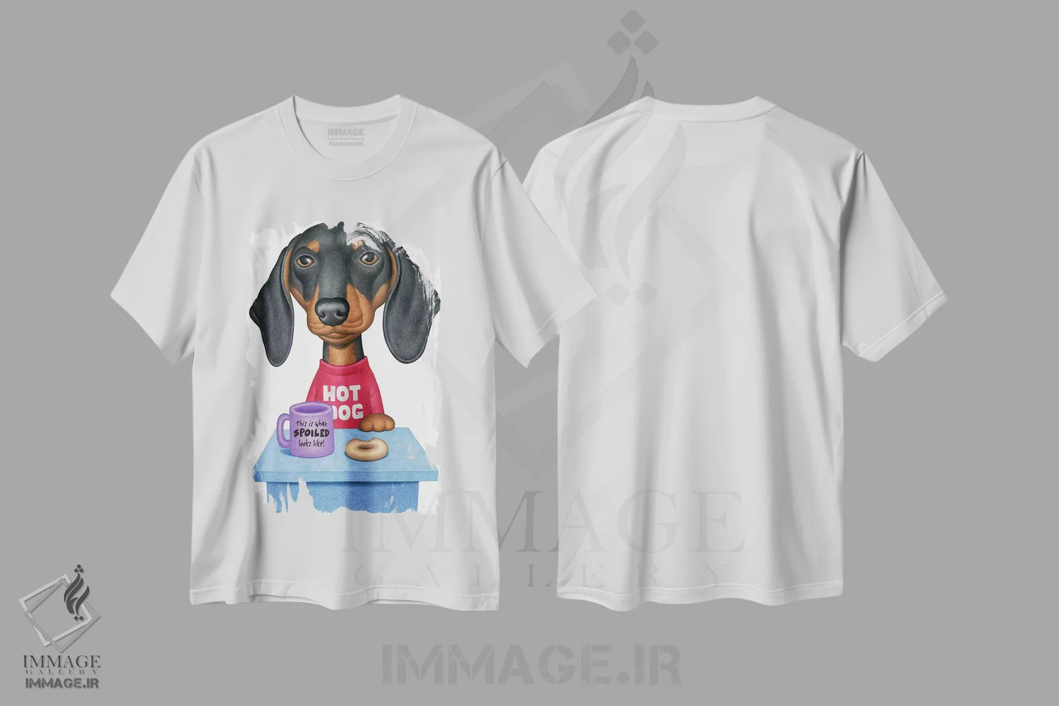 تیشرت سفید طرح دار داشهوند سیاه و قهوه ای با قهوه، تزئینی اثر دنی گوردون | فروشگاه ایماژ