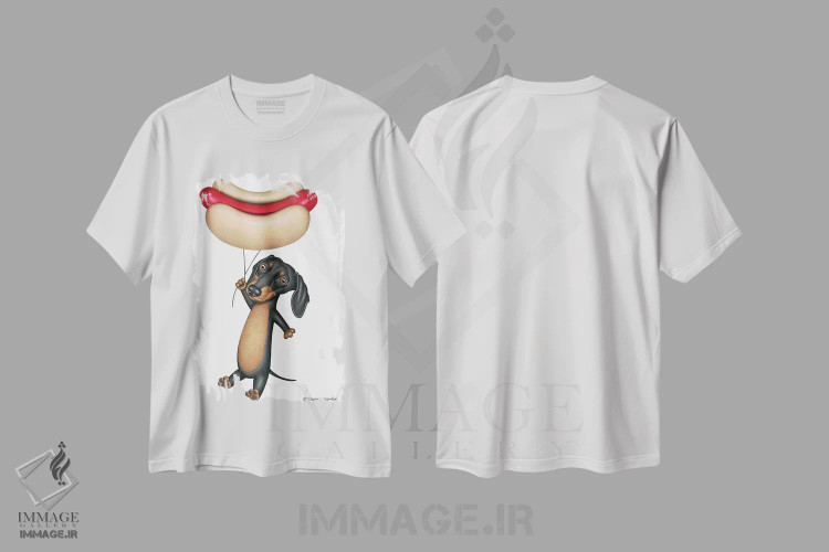 تیشرت سفید طرح دار داشهوند سیاه با بادکنک هات داگ، تزئینی اثر دنی گوردون | فروشگاه ایماژ