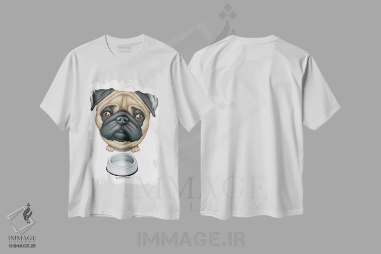 تیشرت سفید طرح دار پاگ کنار کاسهٔ غذا، تزئینی اثر دنی گوردون | فروشگاه ایماژ