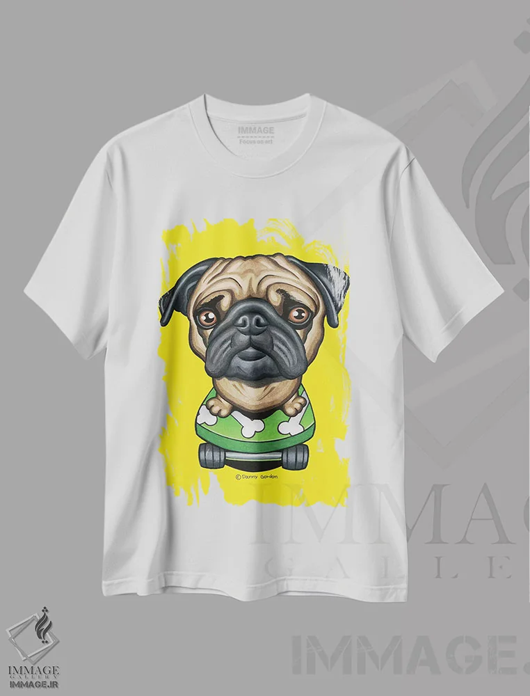 تیشرت سفید طرح دار پاگ با اسکیت بورد استخوانی، تزئینی اثر دنی گوردون | فروشگاه ایماژ
