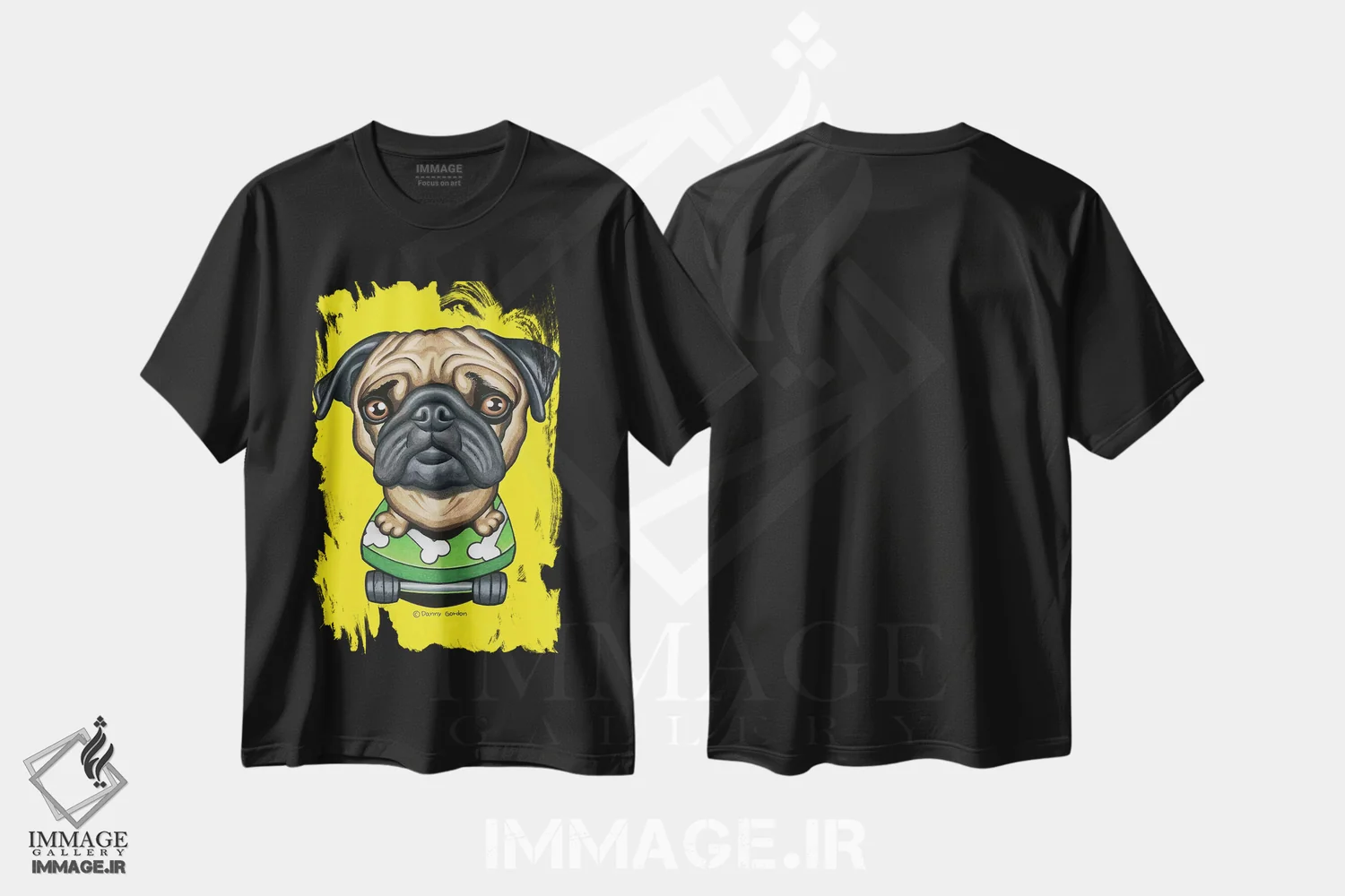 تیشرت مشکی طرح دار پاگ با اسکیت بورد استخوانی، تزئینی اثر دنی گوردون | immage.ir