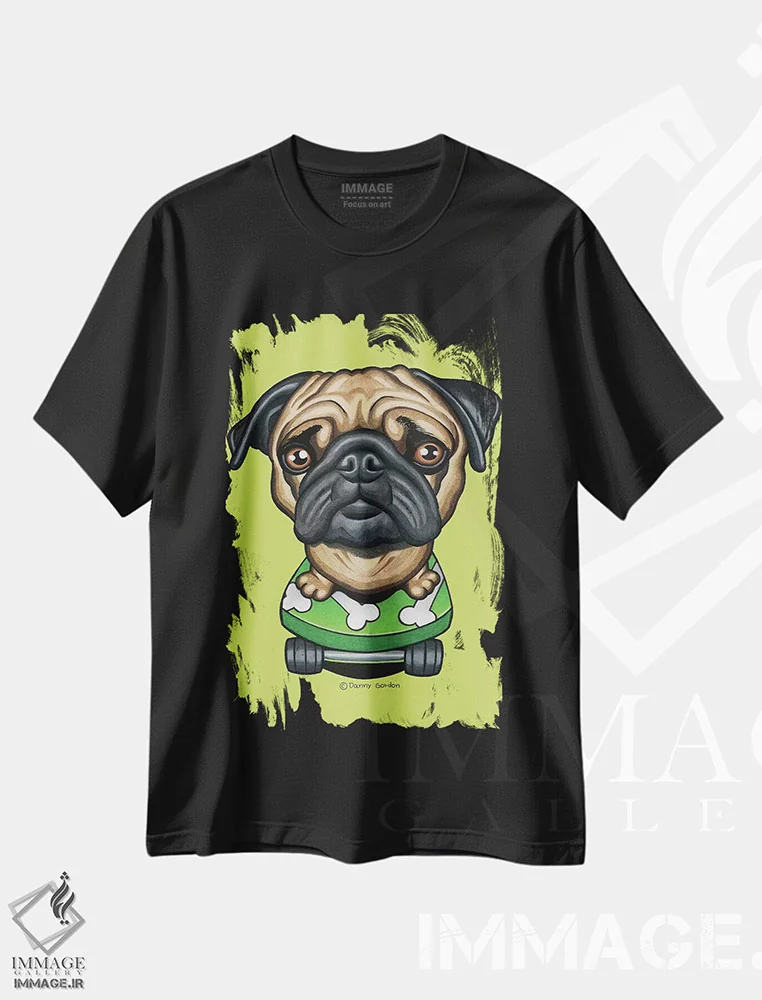 تیشرت مشکی طرح دار پاگ با اسکیت بورد استخوانی-لیمویی، تزئینی اثر دنی گوردون | فروشگاه ایماژ