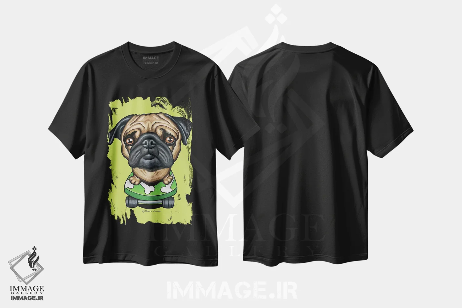 تیشرت مشکی طرح دار پاگ با اسکیت بورد استخوانی-لیمویی، تزئینی اثر دنی گوردون | فروشگاه ایماژ