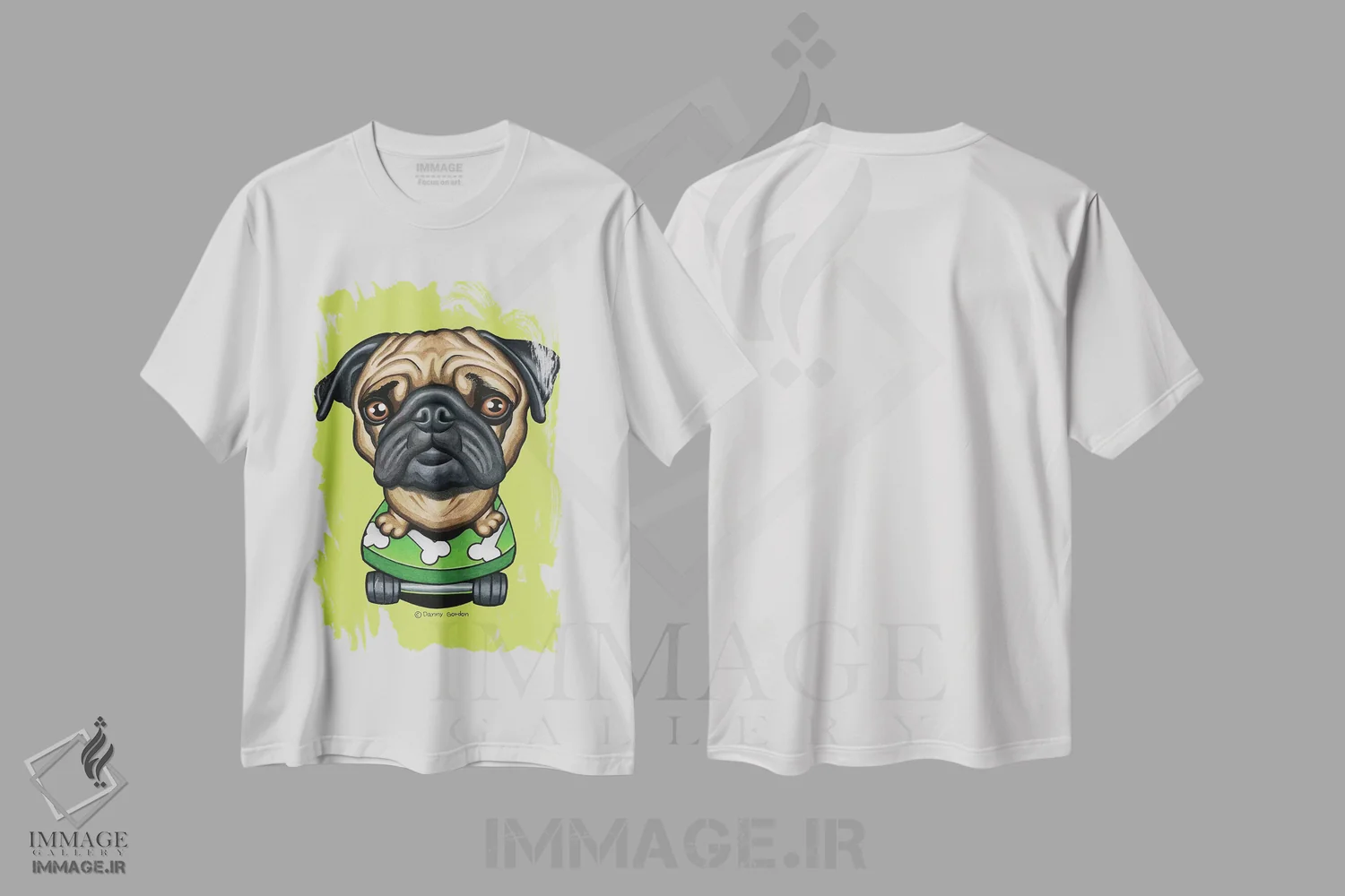 تیشرت سفید طرح دار پاگ با اسکیت بورد استخوانی-لیمویی، تزئینی اثر دنی گوردون | immage.ir