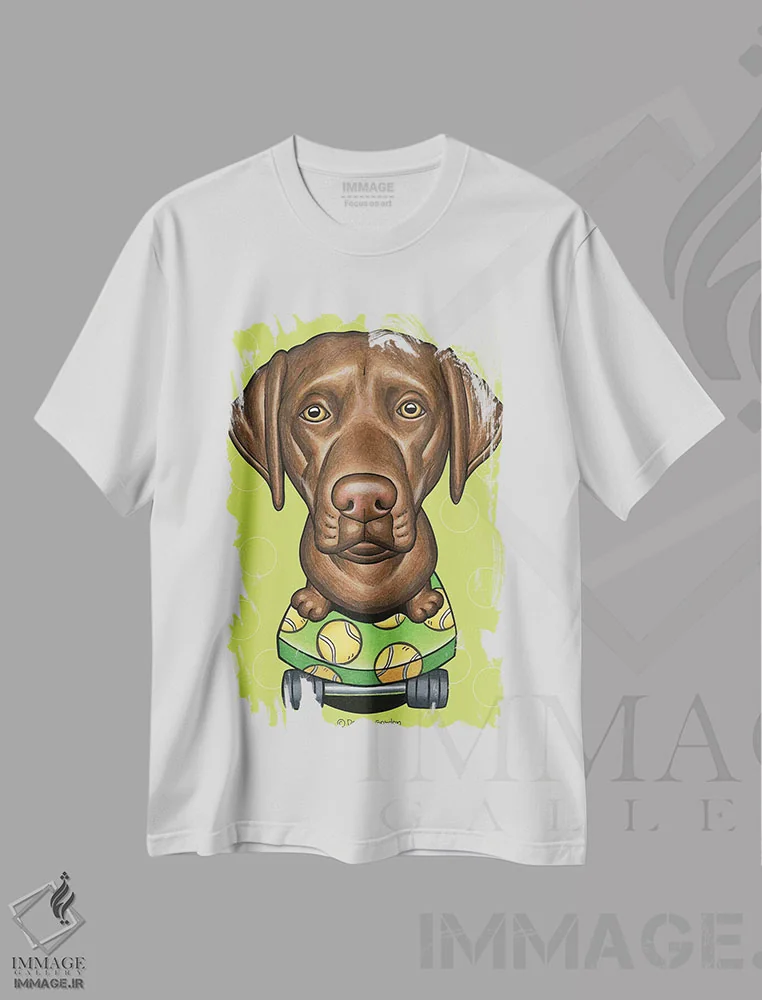 تیشرت سفید طرح دار لابرادور رتریور با اسکیت بورد لیمویی، تزئینی اثر دنی گوردون | فروشگاه ایماژ