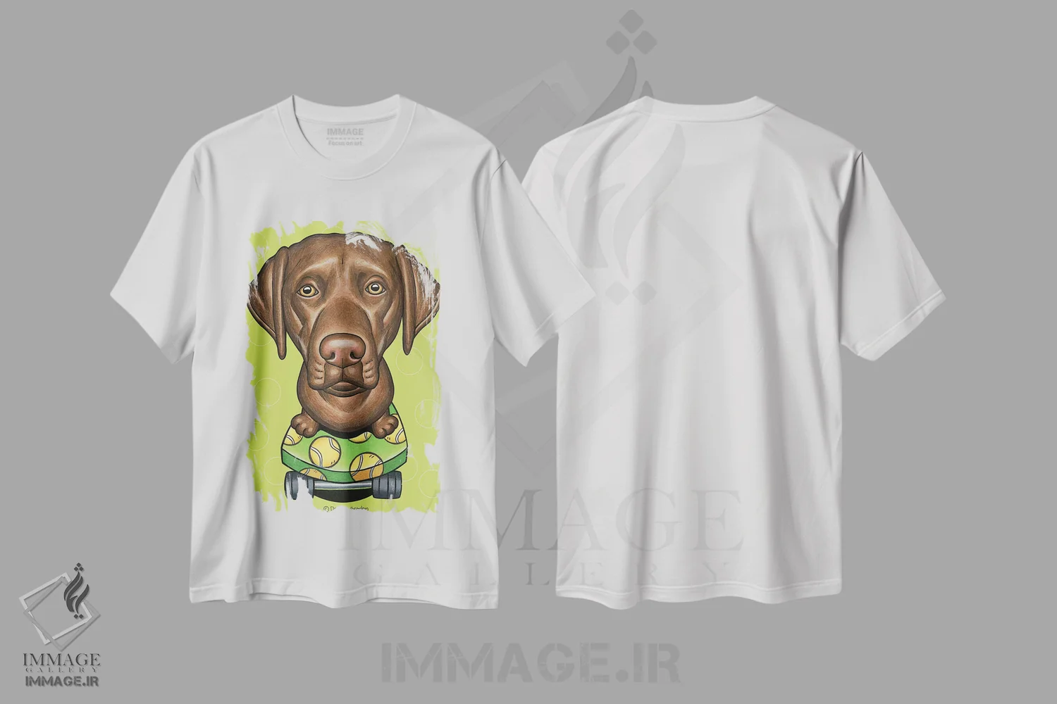 تیشرت سفید طرح دار لابرادور رتریور با اسکیت بورد لیمویی، تزئینی اثر دنی گوردون | فروشگاه ایماژ