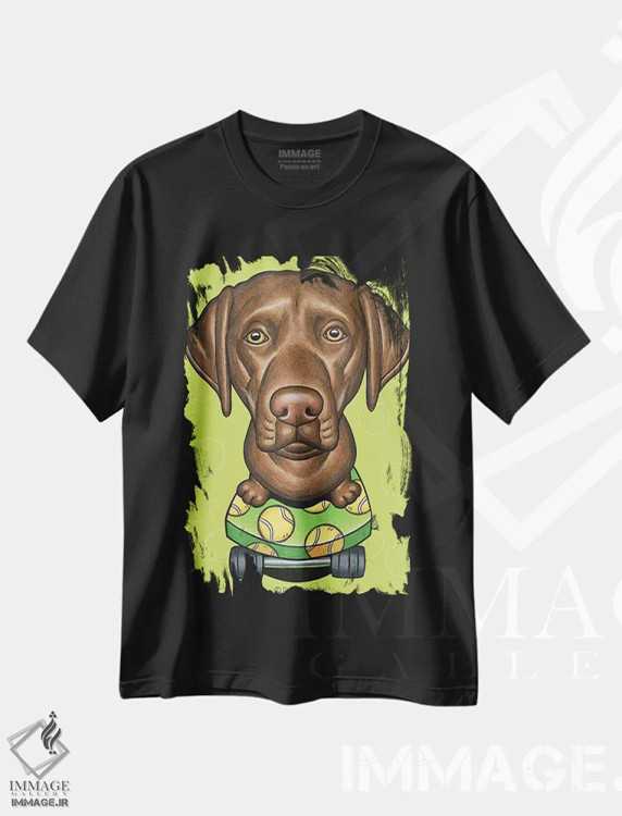 تیشرت مشکی طرح دار لابرادور رتریور با اسکیت بورد لیمویی، تزئینی اثر دنی گوردون | immage.ir