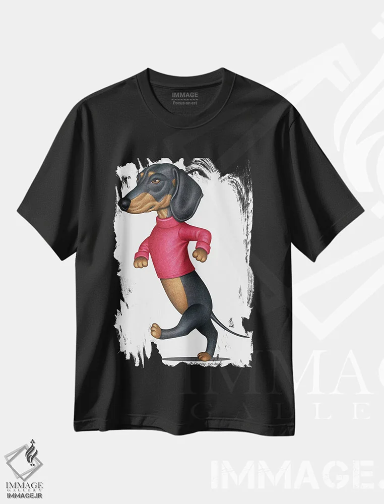 تیشرت مشکی طرح دار داشهوند سیاه در حال راه رفتن، هنر دیجیتال اثر دنی گوردون | فروشگاه ایماژ