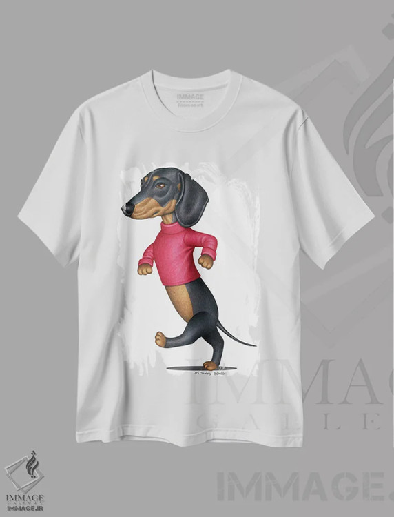 تیشرت سفید طرح دار داشهوند سیاه در حال راه رفتن، هنر دیجیتال اثر دنی گوردون | immage.ir