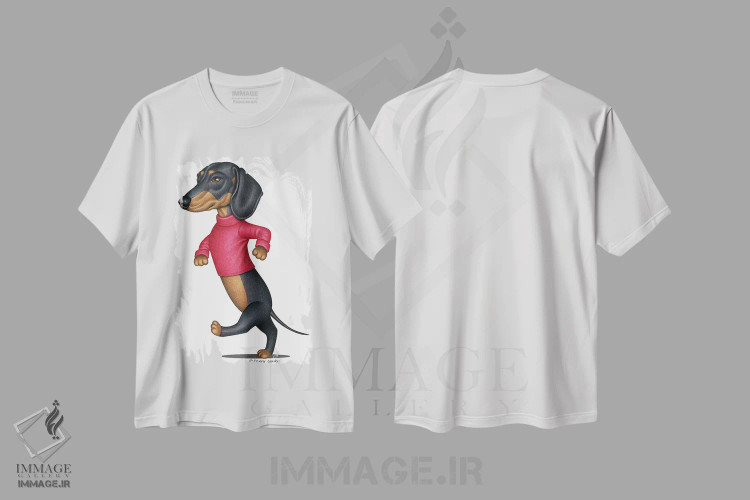 تیشرت سفید طرح دار داشهوند سیاه در حال راه رفتن، هنر دیجیتال اثر دنی گوردون | immage.ir