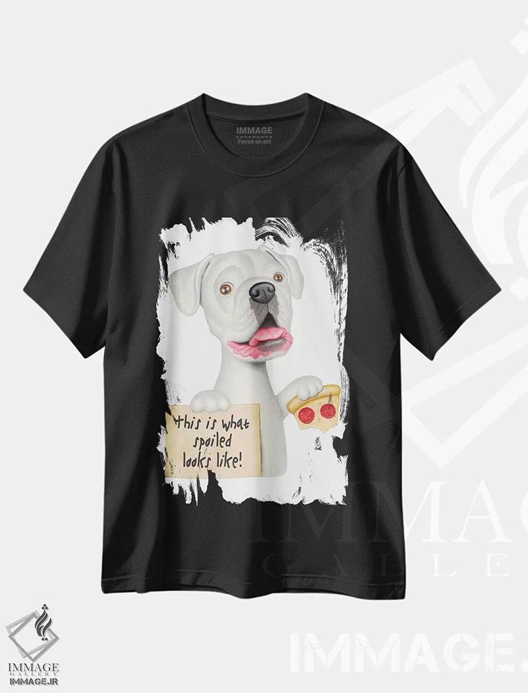 تیشرت مشکی طرح دار باکسر قیافه لوس شده با پیتزا، تزئینی اثر دنی گوردون | فروشگاه ایماژ