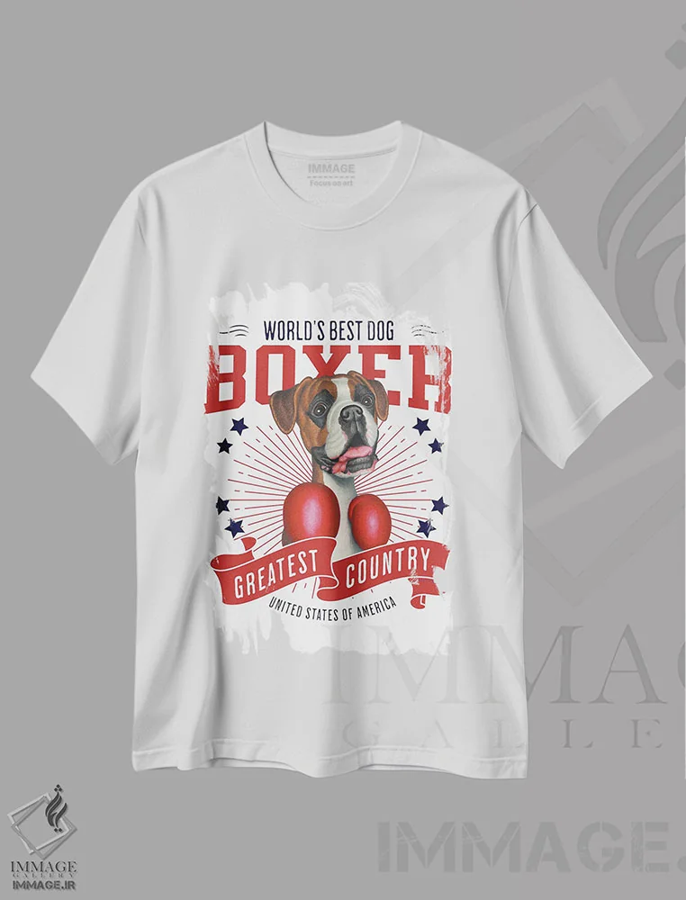 تیشرت سفید طرح دار سگ باکسر مشت زنآمریکا، هنر دیجیتال اثر دنی گوردون | فروشگاه ایماژ