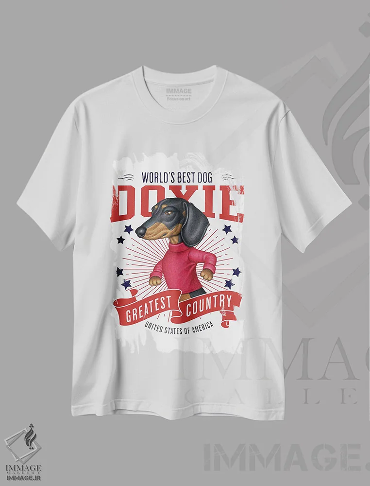 تیشرت سفید طرح دار داشهوند مشکی با ژاکت قرمز آمریکا، هنر دیجیتال اثر دنی گوردون | immage.ir