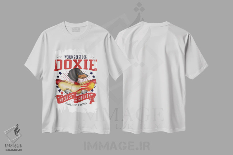 تیشرت سفید طرح دار داشهوند در خودروی هات داگ شعله دار آمریکا، هنر دیجیتال اثر دنی گوردون | فروشگاه ایماژ