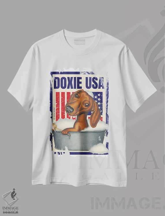 تیشرت سفید طرح دار داشهوند در وان کف آلود با پرچم آمریکا، هنر دیجیتال اثر دنی گوردون | immage.ir
