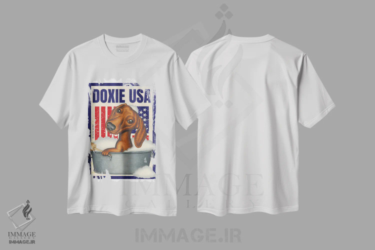 تیشرت سفید طرح دار داشهوند در وان کف آلود با پرچم آمریکا، هنر دیجیتال اثر دنی گوردون | immage.ir
