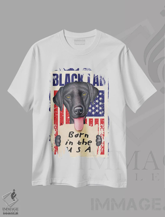 تیشرت سفید طرح دار لابرادور مشکی متولد آمریکا با پرچم، هنر دیجیتال اثر دنی گوردون | فروشگاه ایماژ
