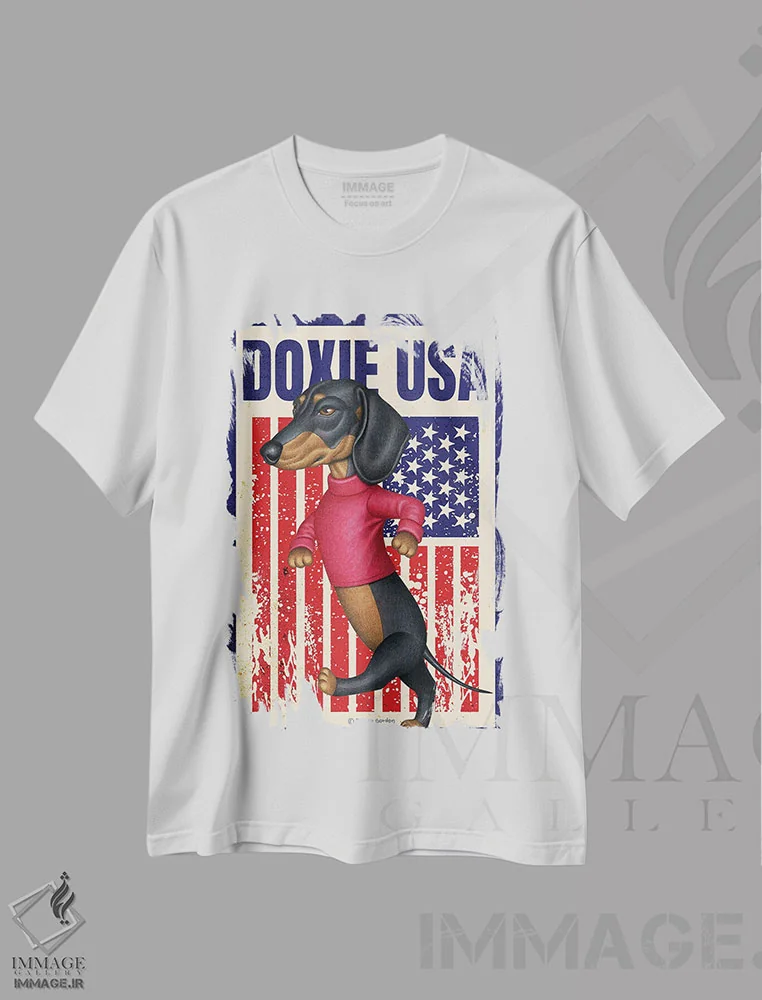 تیشرت سفید طرح دار داشهوند مشکی در حال قدم زدن با پرچم آمریکا، هنر دیجیتال اثر دنی گوردون | immage.ir