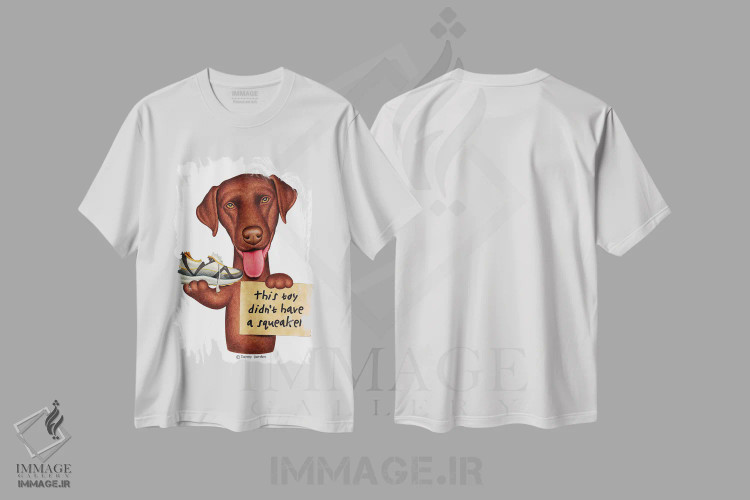 تیشرت سفید طرح دار لابرادور شکلاتی بدون جغجغه، هنر دیجیتال اثر دنی گوردون | فروشگاه ایماژ