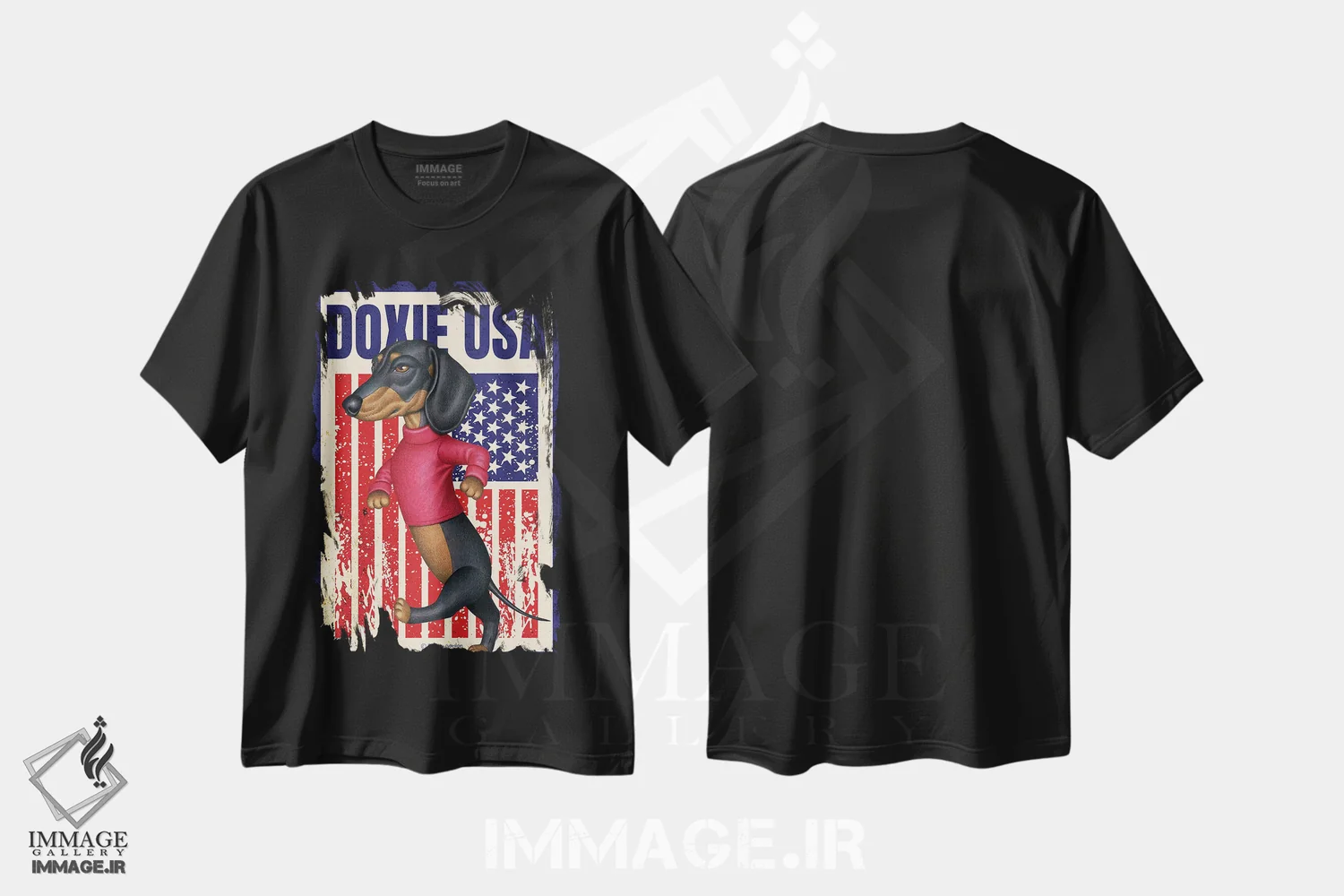 تیشرت مشکی طرح دار داشهوند مشکی در حال قدم زدن با پرچم آمریکا، هنر دیجیتال اثر دنی گوردون | فروشگاه ایماژ