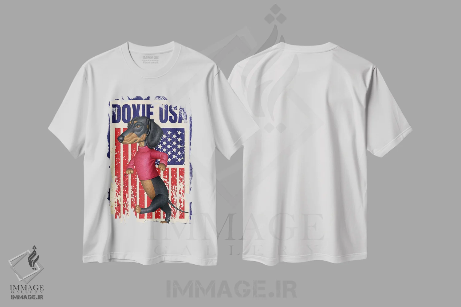 تیشرت سفید طرح دار داشهوند مشکی در حال قدم زدن با پرچم آمریکا، هنر دیجیتال اثر دنی گوردون | immage.ir
