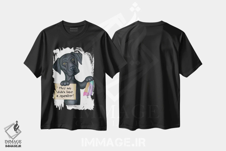 تیشرت مشکی طرح دار لابرادور مشکی با کفش جویده شده، هنر دیجیتال اثر دنی گوردون | فروشگاه ایماژ