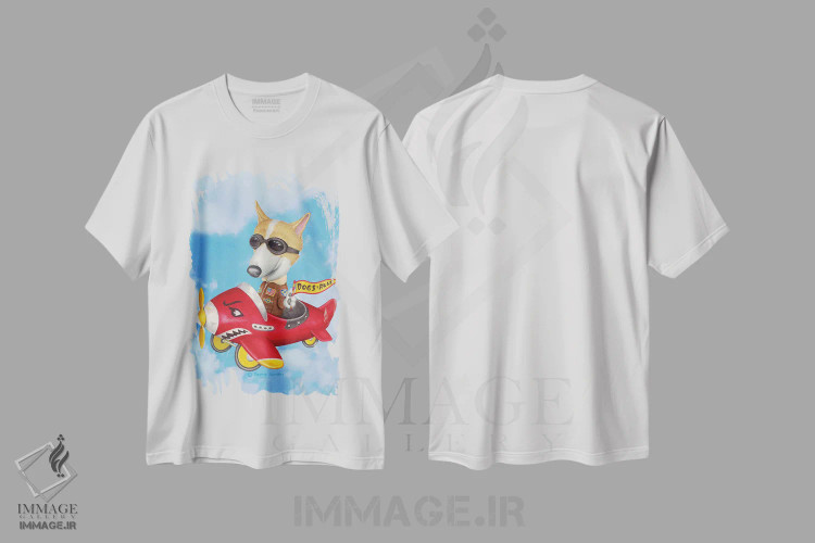 تیشرت سفید طرح دار کورگی در هواپیما با پس زمینه آسمان، هنر دیجیتال اثر دنی گوردون | immage.ir