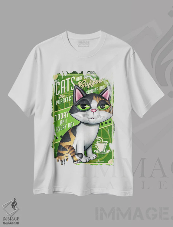 تیشرت سفید طرح دار گربه های کالیکو و قهوه، هنر دیجیتال اثر دنی گوردون | فروشگاه ایماژ