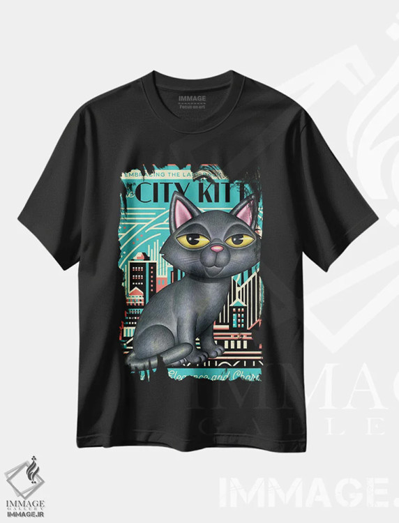 تیشرت مشکی طرح دار گربه مشکی، گربه شهری، هنر دیجیتال اثر دنی گوردون | فروشگاه ایماژ