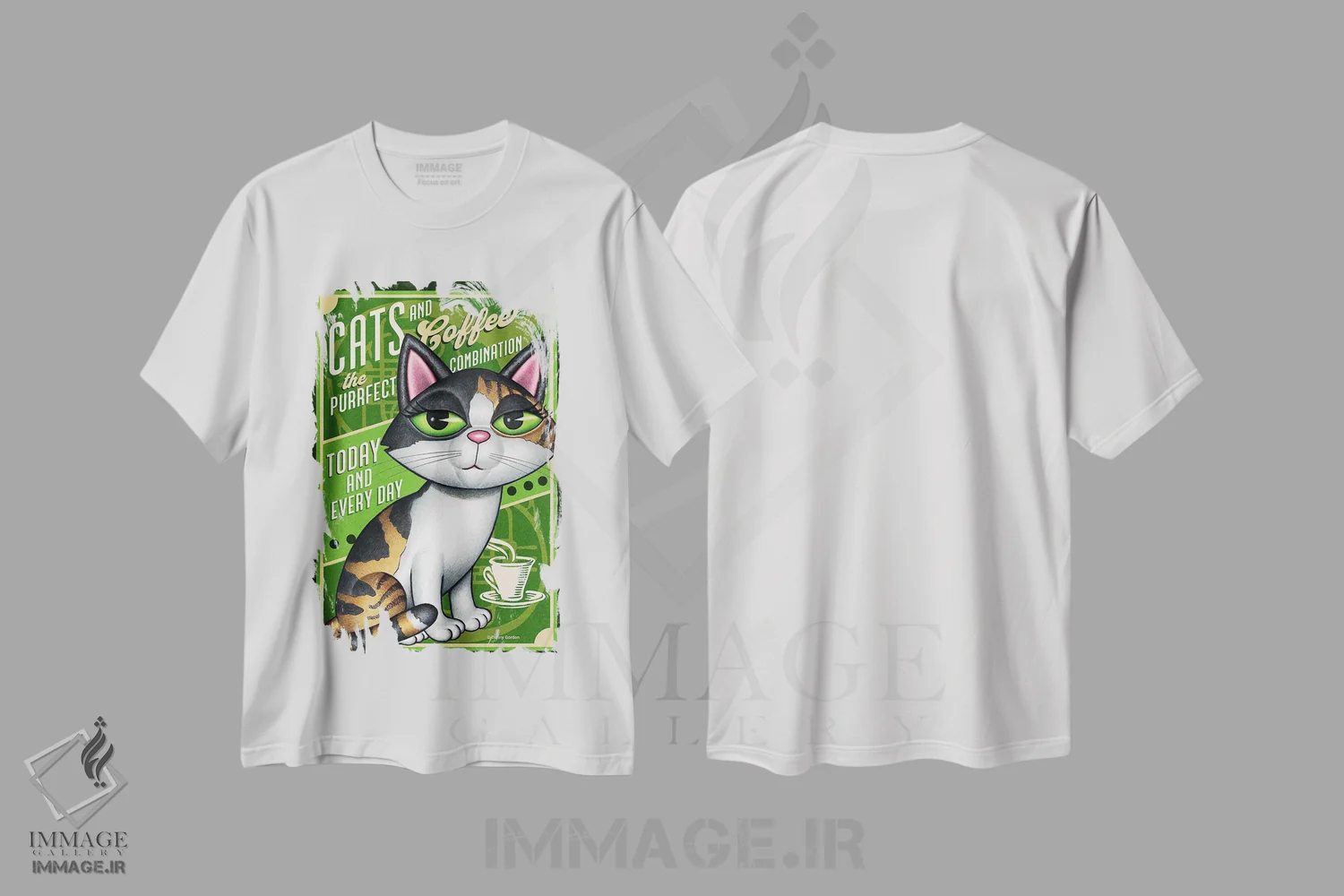 تیشرت سفید طرح دار گربه های کالیکو و قهوه، هنر دیجیتال اثر دنی گوردون | فروشگاه ایماژ