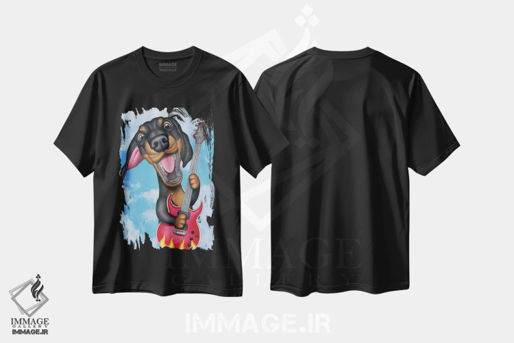 تیشرت مشکی طرح دار داشهوند مشکی نوازنده گیتار با پس زمینه آسمان، هنر دیجیتال اثر دنی گوردون | immage.ir