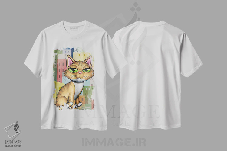 تیشرت سفید طرح دار گربه نارنژی تبی با منظره شهری، هنر دیجیتال اثر دنی گوردون | immage.ir