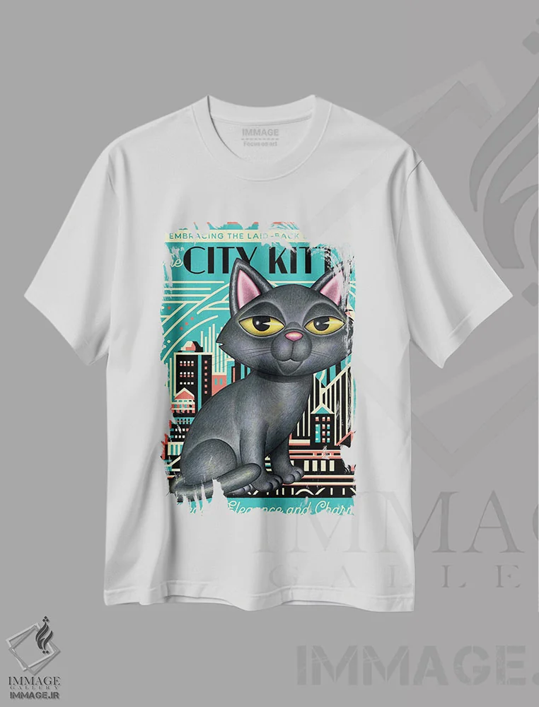 تیشرت سفید طرح دار گربه مشکی، گربه شهری، هنر دیجیتال اثر دنی گوردون | immage.ir