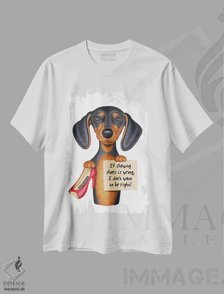 تیشرت سفید طرح دار داشهوند: نمی خواهم حق با من باشد با کفش، تزئینی اثر دنی گوردون | فروشگاه ایماژ