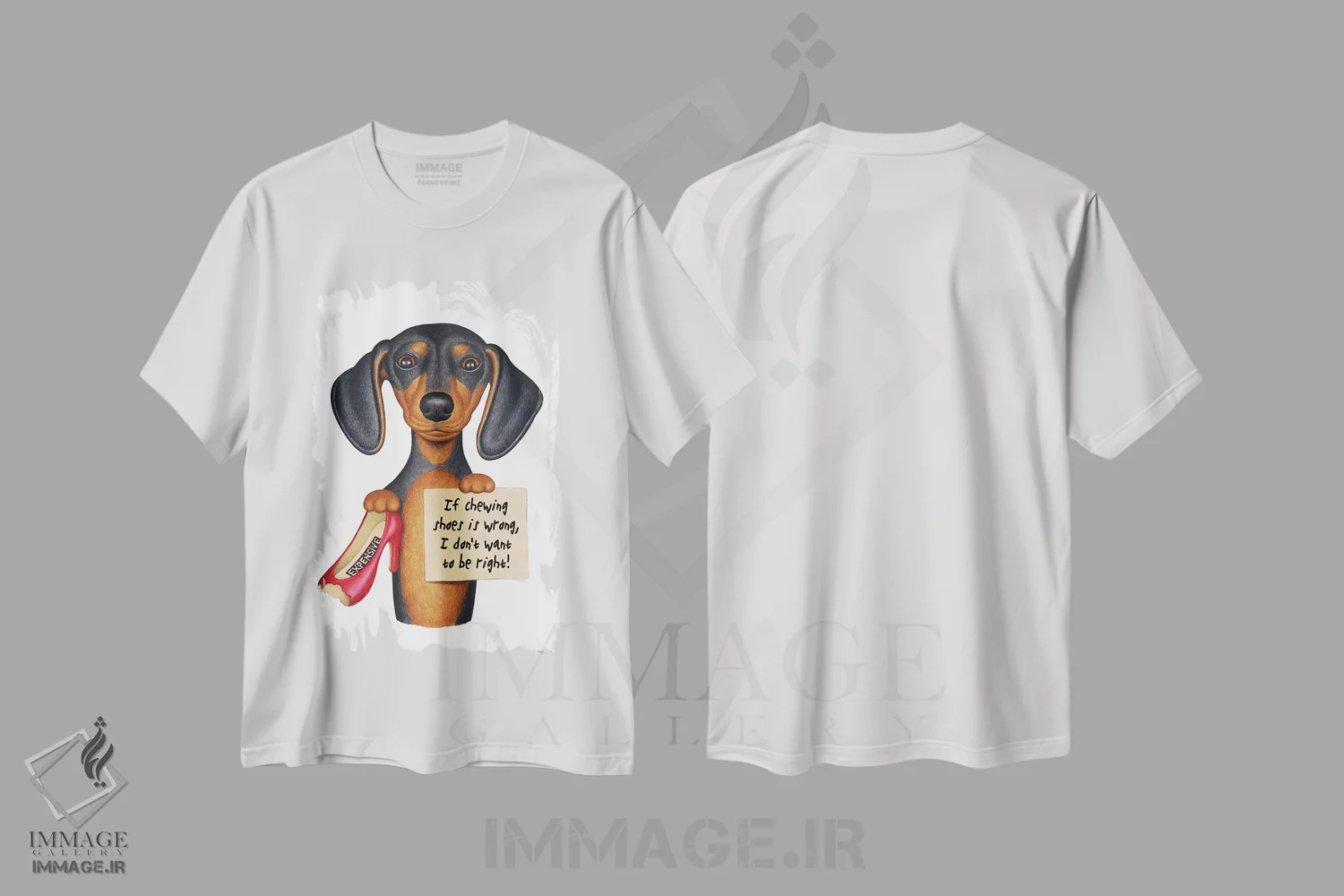 تیشرت سفید طرح دار داشهوند: نمی خواهم حق با من باشد با کفش، تزئینی اثر دنی گوردون | فروشگاه ایماژ