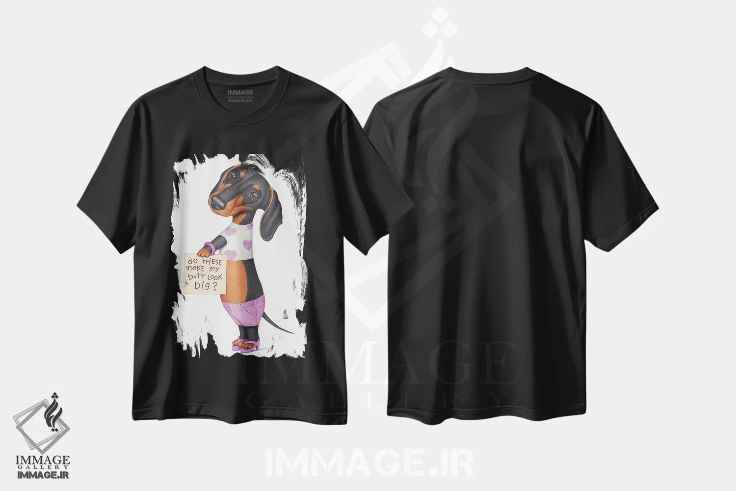 تیشرت مشکی طرح دار داشهوند با شلوارک صورتی، تزئینی اثر دنی گوردون | فروشگاه ایماژ