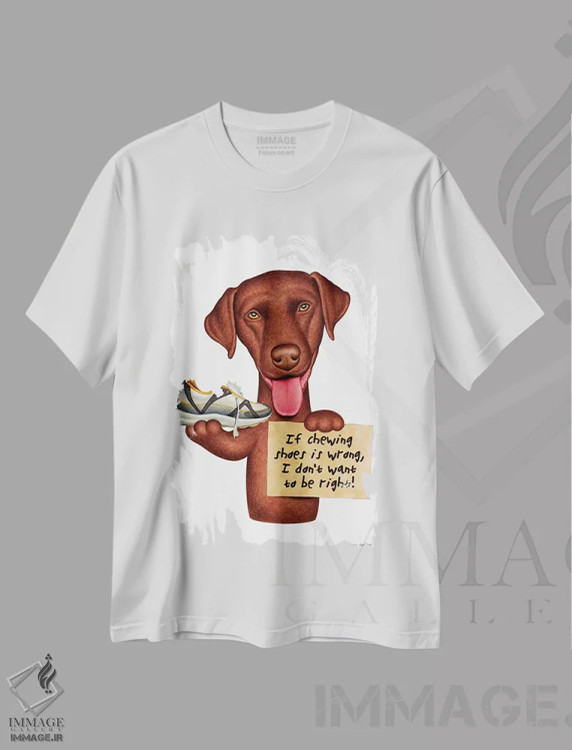 تیشرت سفید طرح دار لابرادور رتریور: نمی خوام حق با من باشه - قرمز، تزئینی اثر دنی گوردون | فروشگاه ایماژ