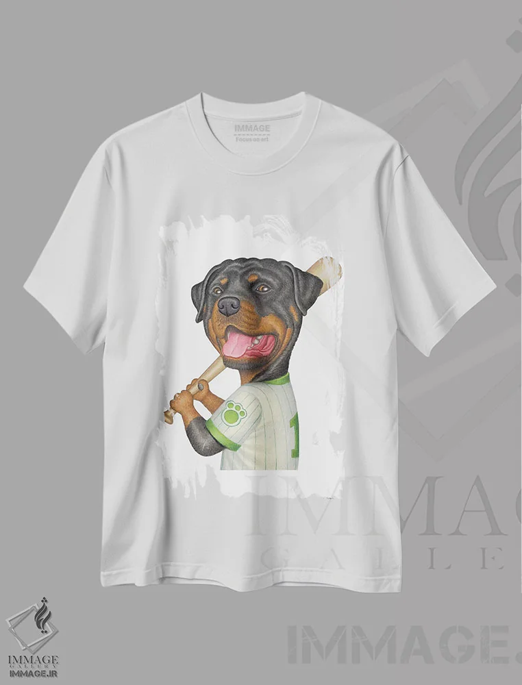 تیشرت سفید طرح دار روتوایلر بازیکن بیسبال، تزئینی اثر دنی گوردون | فروشگاه ایماژ
