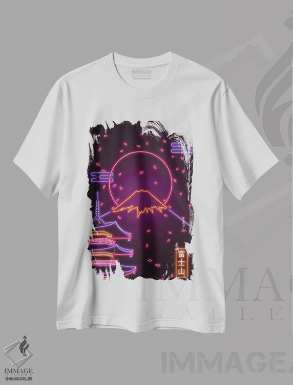 تیشرت سفید طرح دار کوه فوجی نئونی، دکور آسیایی اثر دانی آرت | فروشگاه ایماژ