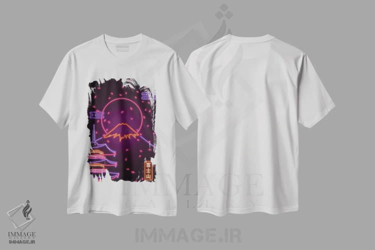 تیشرت سفید طرح دار کوه فوجی نئونی، دکور آسیایی اثر دانی آرت | فروشگاه ایماژ