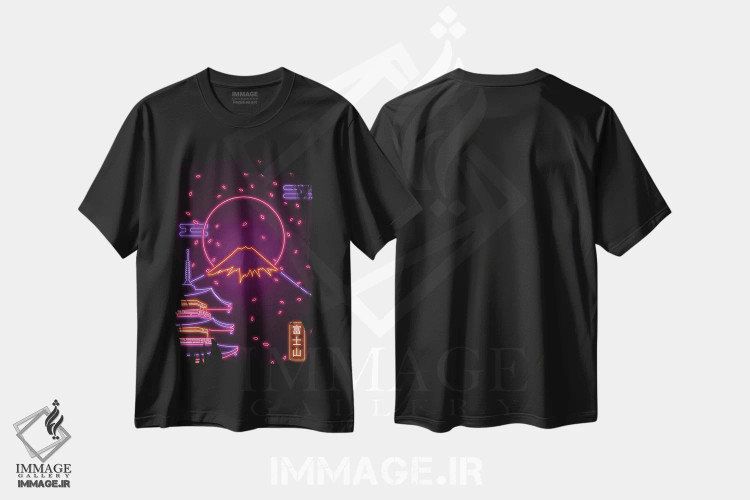 تیشرت مشکی طرح دار کوه فوجی نئونی، دکور آسیایی اثر دانی آرت | immage.ir