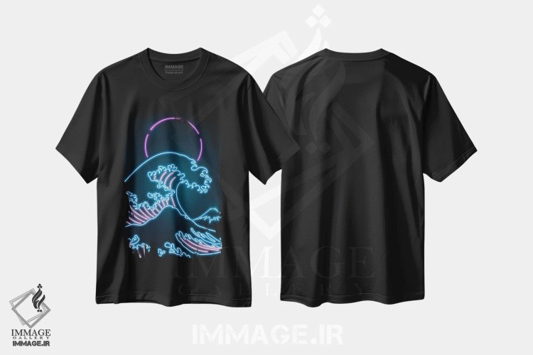 تیشرت مشکی طرح دار موج بزرگ نئونی، هنر دیجیتال اثر دانی آرت | فروشگاه ایماژ
