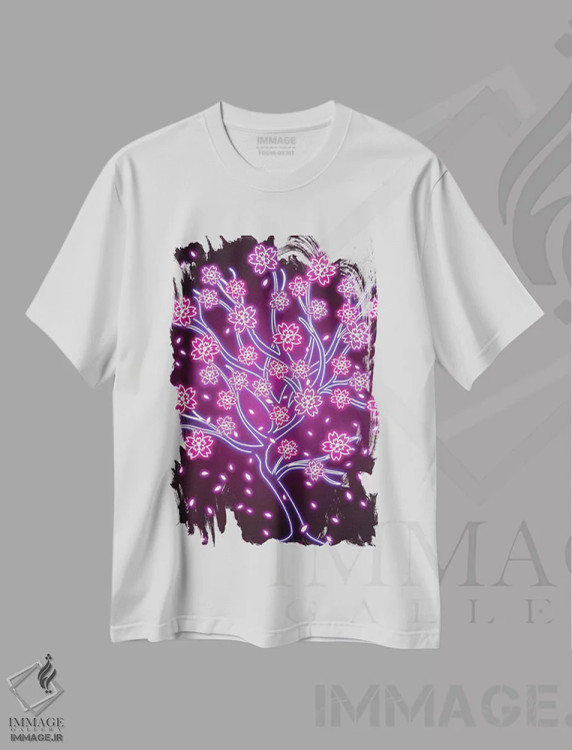تیشرت سفید طرح دار ساکورای نئونی، هنر دیجیتال اثر دانی آرت | فروشگاه ایماژ