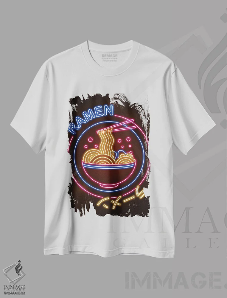 تیشرت سفید طرح دار تابلوی رامن نئونی، هنر دیجیتال اثر دانی آرت | فروشگاه ایماژ